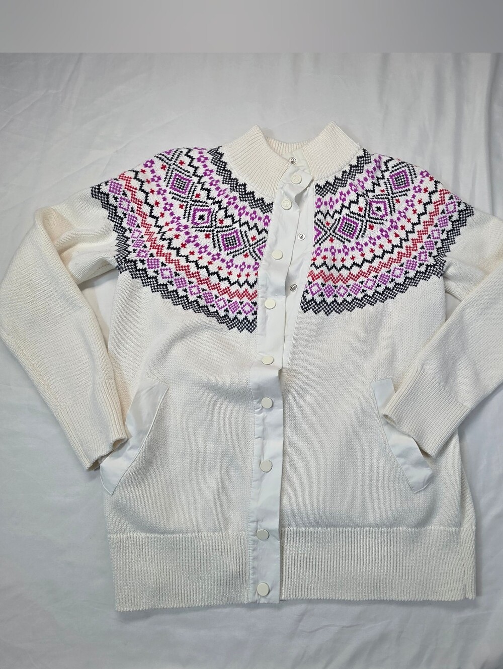 T by Talbots Fair Isle Nordic Sweater Jacket Small Petite Merino Wool Blend